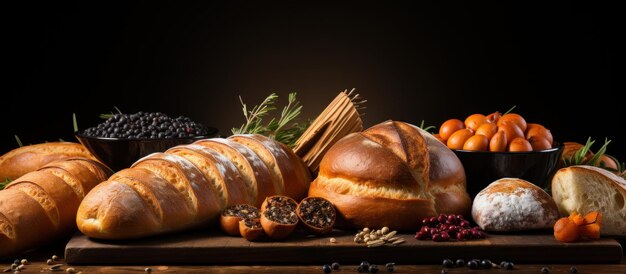 Composition with bread berries and spices on a black background