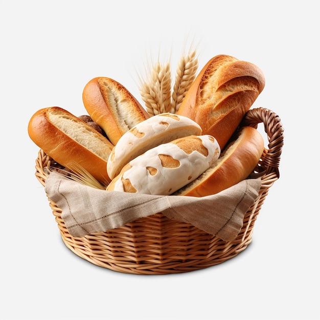 Композиция с хлебом и булочками в плетеной корзине, изолированной на белом