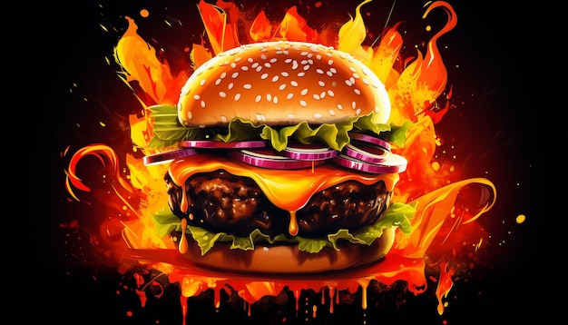 燃える炎のチーズバーガーとハンバーガーのイラスト