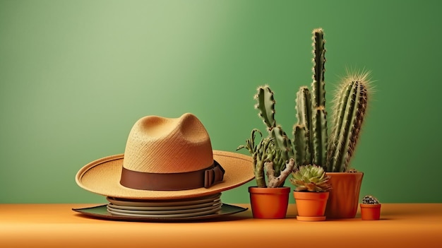 Foto composizione con cappello di cactus e ceramica su sfondo colorato