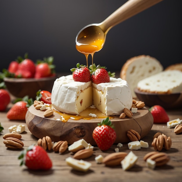 Composition with camembert cheese nuts strawberries and honey