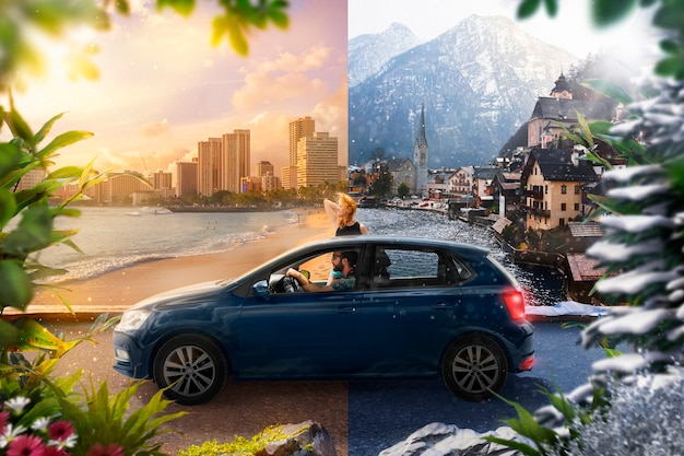 Photo composition with car driver traveling in summer versus winter