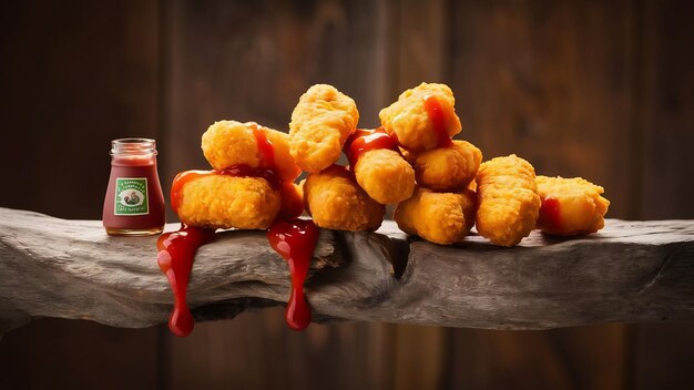 Composition with chicken nuggets and ketchup on wooden background