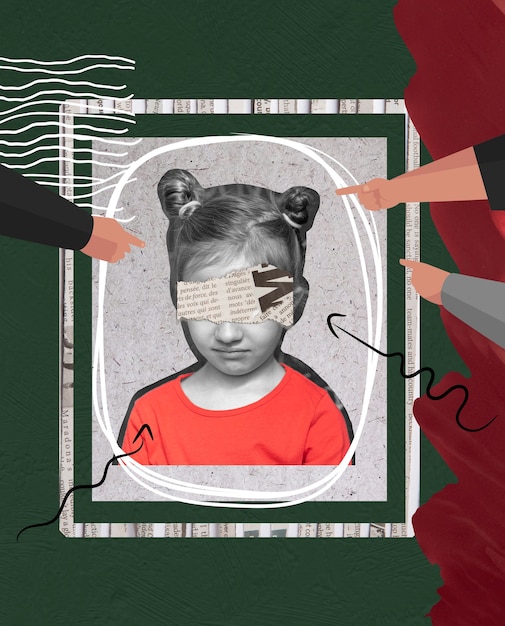 Foto composizione con un bambino che viene intimidito in stile collage