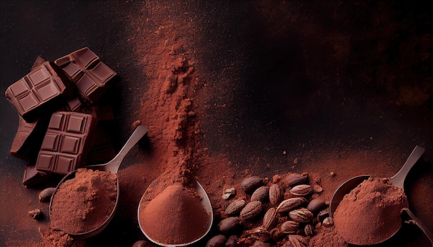 Composition with cocoa powder and chocolate on dark b