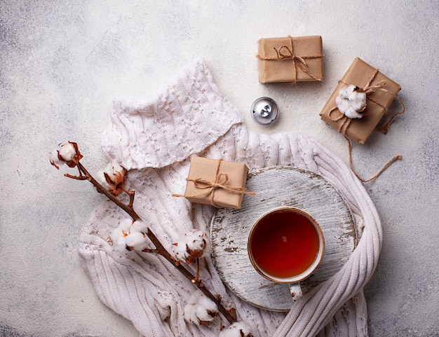 Composition with cotton branch and tea