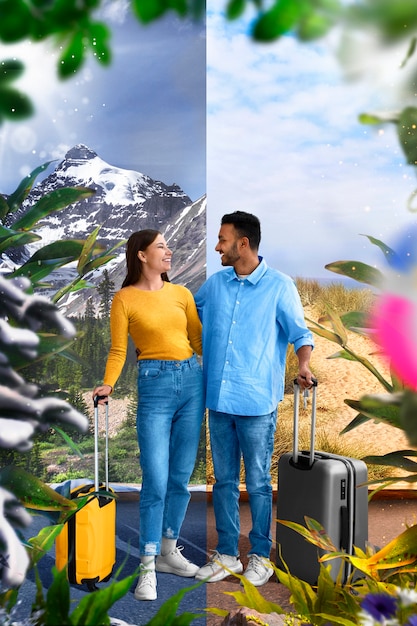 Photo composition with couple traveling in summer versus winter