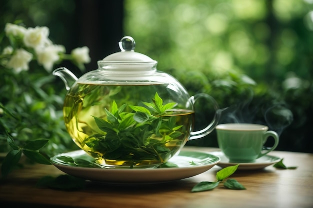 Composition with cup of jasmine tea and flowers on grunge background