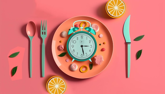 Photo composition with cutlery plate and alarm clock on color background diet concept