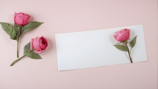 Foto composizione con delicati fiori di rosa e carta bianca su uno sfondo rosa pastello