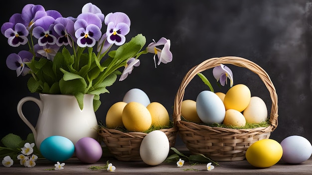 A composition with different pansies and Easter eggs