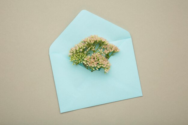 Photo composition with envelope and beautiful flowers on grey background top view