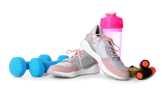 Composition with fitness gym equipment on white background