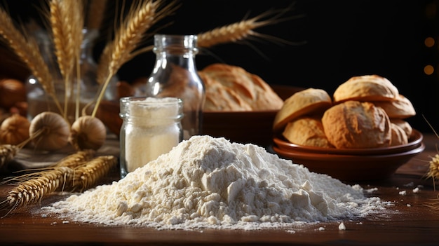 composition with flour and bread on table