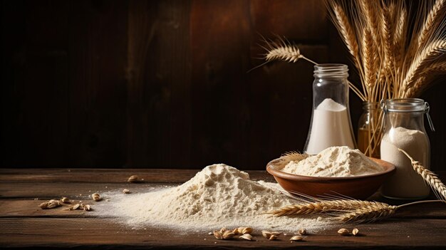 Photo composition with flour and wheat ears on wooden background