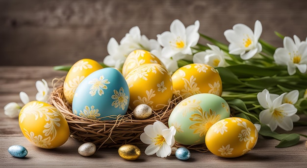 Composition with flowers and Easter eggs on a wood background