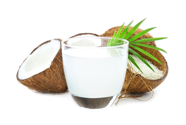 Composition with fresh coconut water on white background
