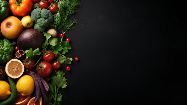 composition with fresh fruits and vegetables on dark background with space for your text