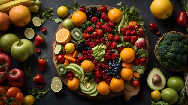 Composition with fresh fruits and vegetables top view Balanced diet Healthy food concept