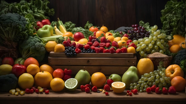 Composition with fresh fruits and vegetables top view Balanced diet Healthy food concept