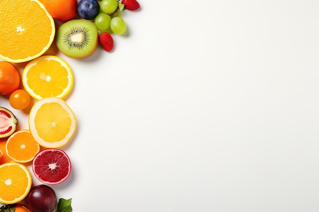 색 배경에 신선한 과일로 구성 된 건강한 음식 개념 복사 공간과 함께 상단 표시