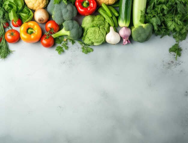 Фото Композиция с свежими органическими овощами на сером фоне для текста
