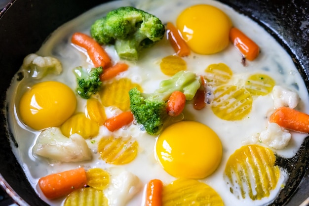 A composition with fried eggs and vegetables in a pan
