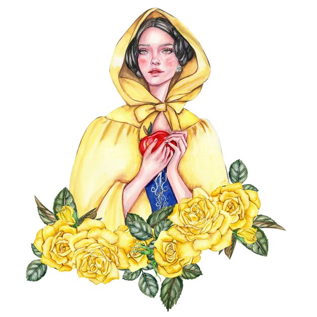 Photo composition with girl with dark hair in yellow raincoat with apple in her hands and flowers