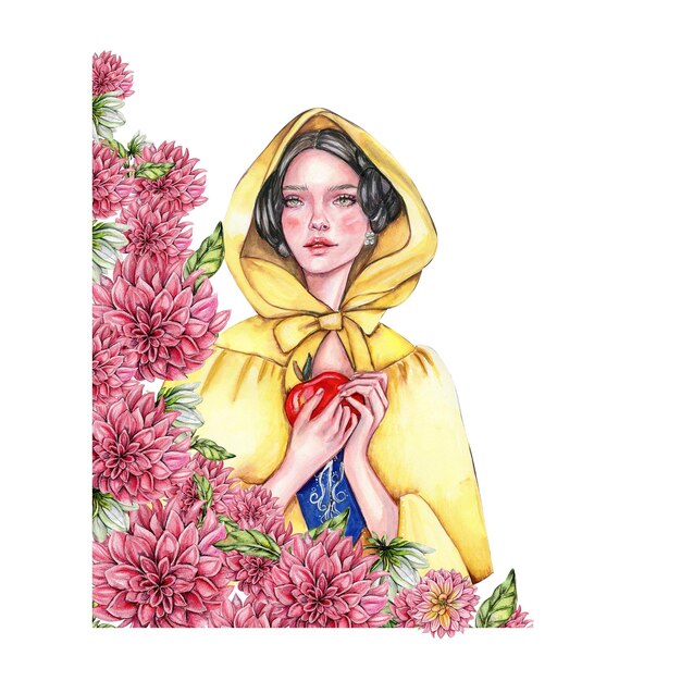 Composition with girl with dark hair in yellow raincoat with apple in her hands and flowers