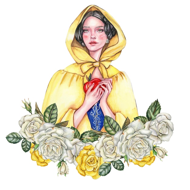 Composition with girl with dark hair in yellow raincoat with apple in her hands and flowers