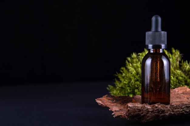 Photo composition with glass bottle on tree bark pedestal with real moss