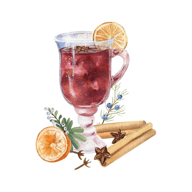 Composition with a glass of mulled wine, cinnamon orange, cloves and berries. Watercolor illustration