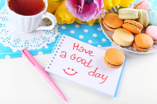 Photo composition with good morning top view on wooden background