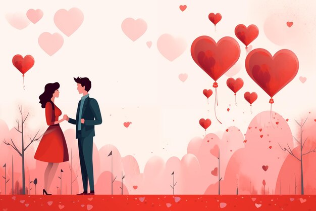 Composition with heart shaped balloons and couple Valentines Day