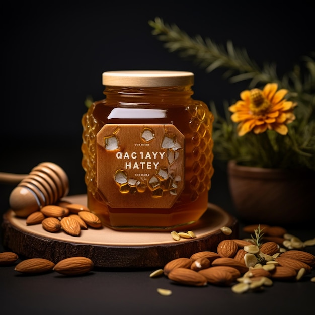 写真 木製の背景に蜂蜜とディッパーが描かれている