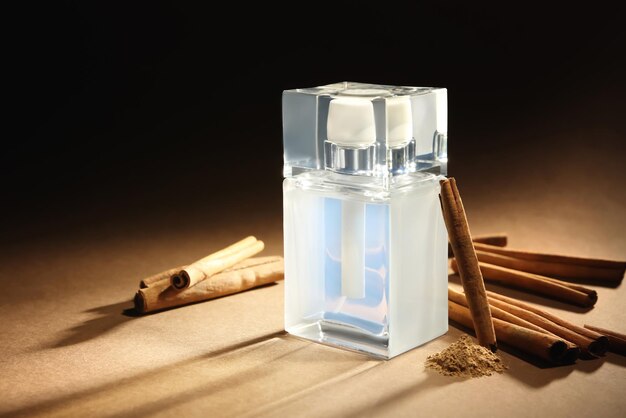 Composition with modern male perfume on color background