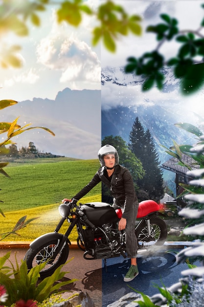 Photo composition with motorcycle rider traveling in summer versus winter