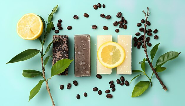 Photo composition with natural soap bars lemon coffee beans and tree branch on color background