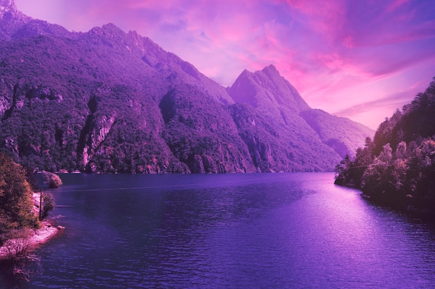 Foto composizione con paesaggio naturale e colori lavanda