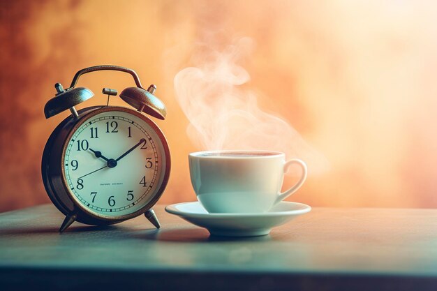 Composition with an old alarm clock and a steaming cup of coffee with copy space