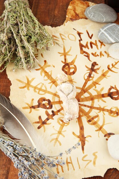 Composition with old papers herbs stones and bottles with symbols on wooden background