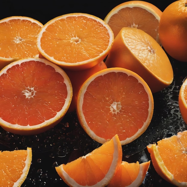 Composition with orange and grapefruit slices on a black background