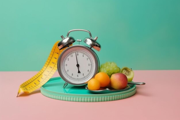 Composition with plate alarm clock and measuring tape on a colored background diet concept and weight loss plan copy