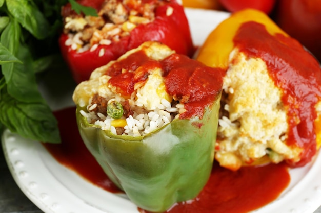 Composition with prepared stuffed peppers on plate and fresh herbs spices and vegetables on wooden background