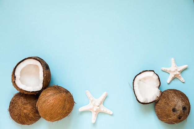 Composition with ripe coconuts and starfish on blue 