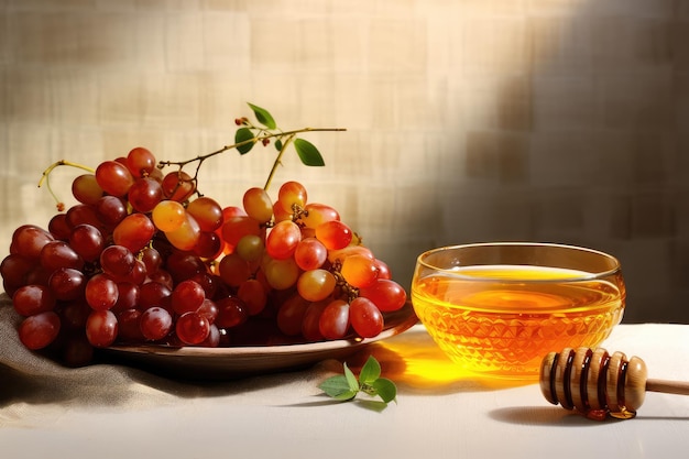 Composition with ripe fruits and bowl of honey