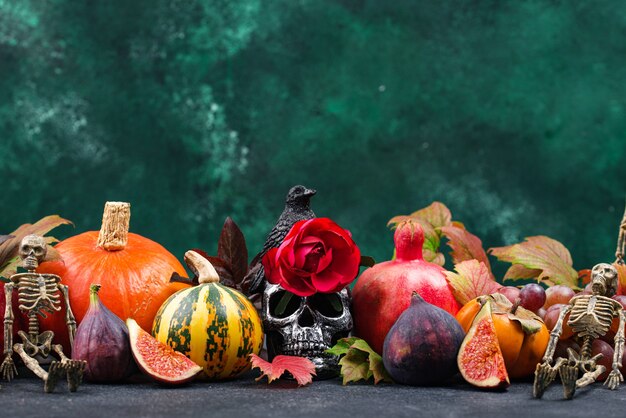 Composition with seasonal autumn fruits. Elegant Halloween or Thanksgiving concept