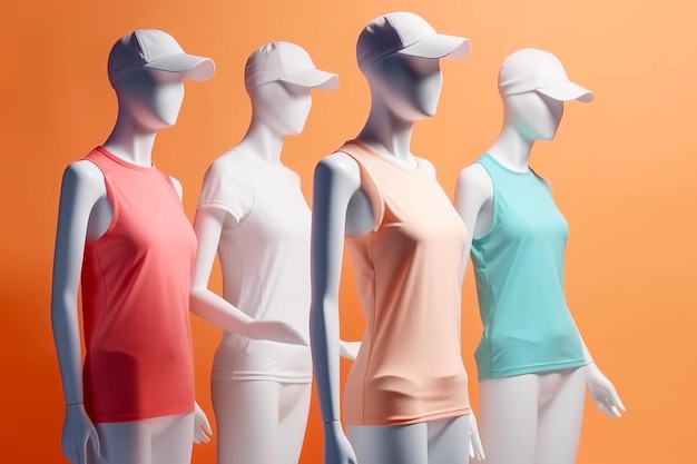 Composition with sportswear on mannequins on pastel background Trendy colorful sportswear Fitness sports concept Advertising studio product photography AI generated