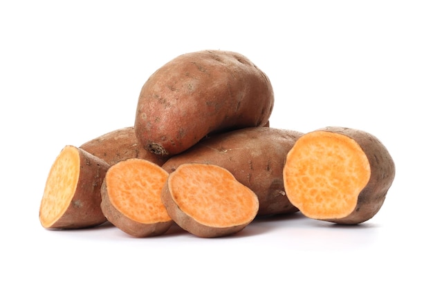 Composition with sweet potatoes on white background, top view