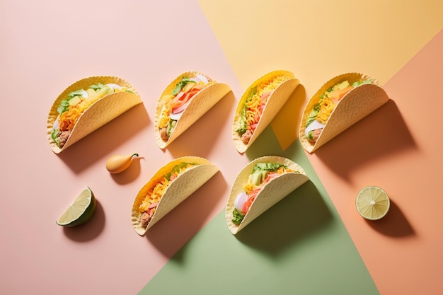 Composition with tasty tacos on color background top view